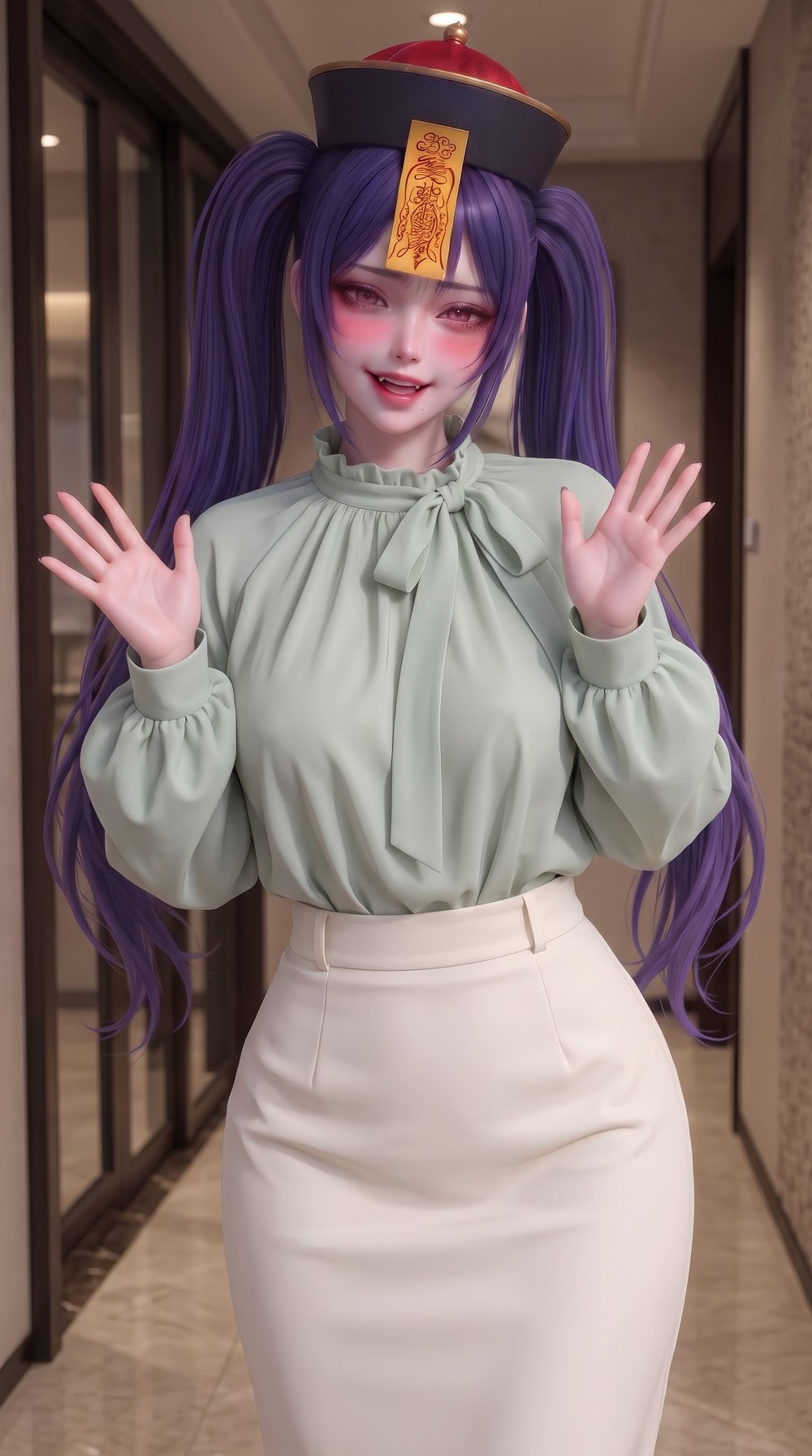 V32 豆绿系结 · 米白窄裙