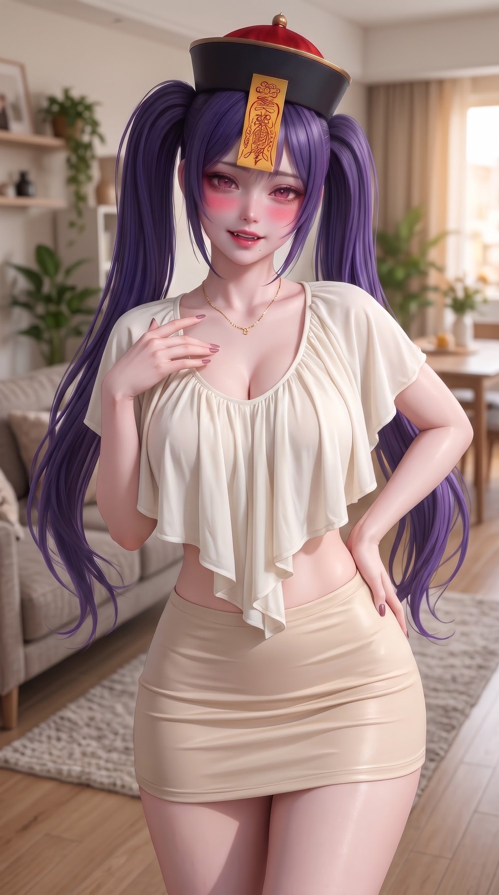 V34 垂坠深领 · 米色筒裙